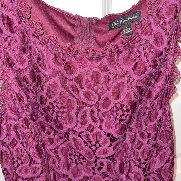 Jodi Kristopher Lace Floral Fit and Flare Dress Burgundy High Neckline size 1 - Picture 3 of 3
